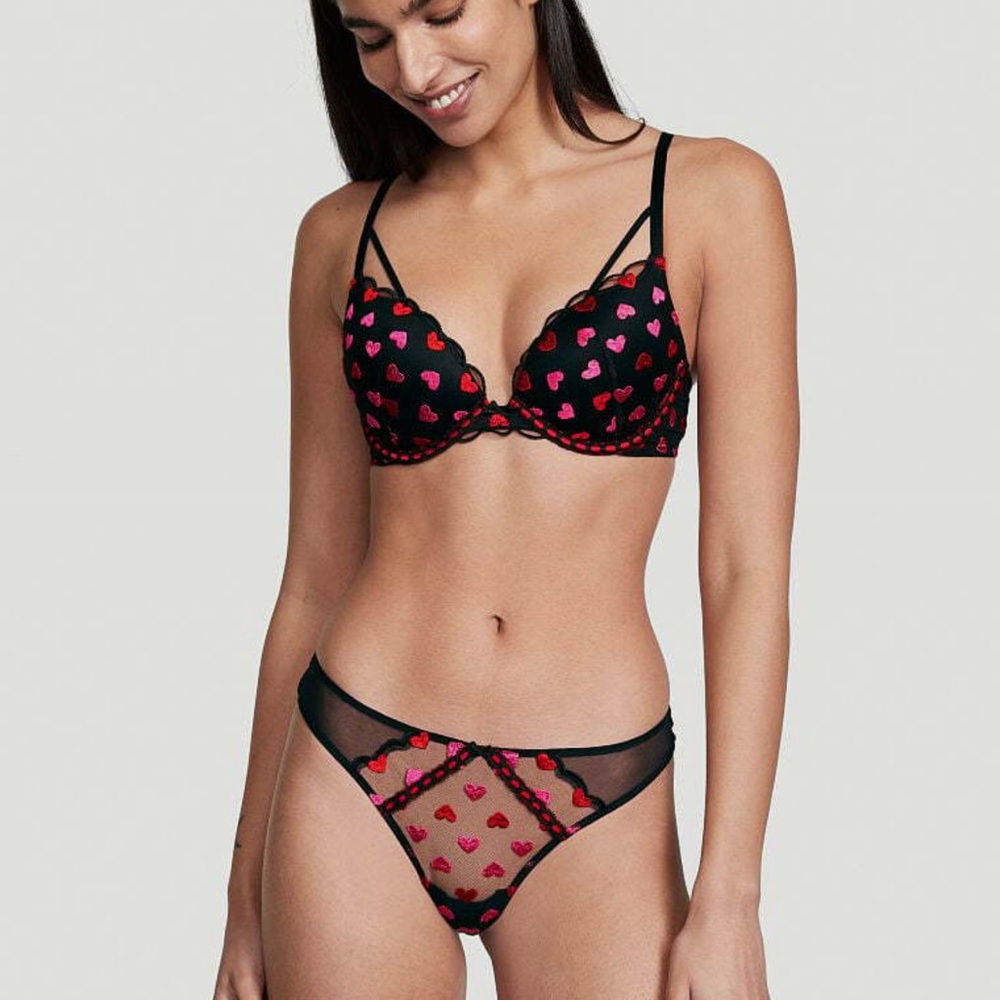 Victorias Secret black red pink embroidery heart print dream angels push-up bra - Picture 4 of 7